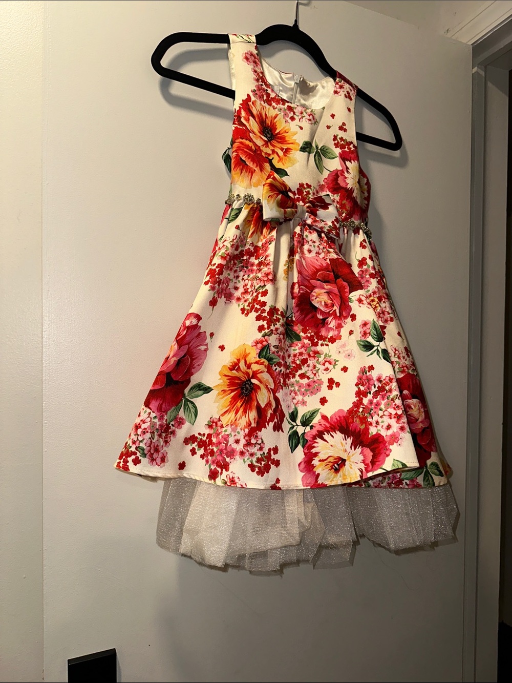 Floral Bow-Front White & Pink Girls' Party Dress